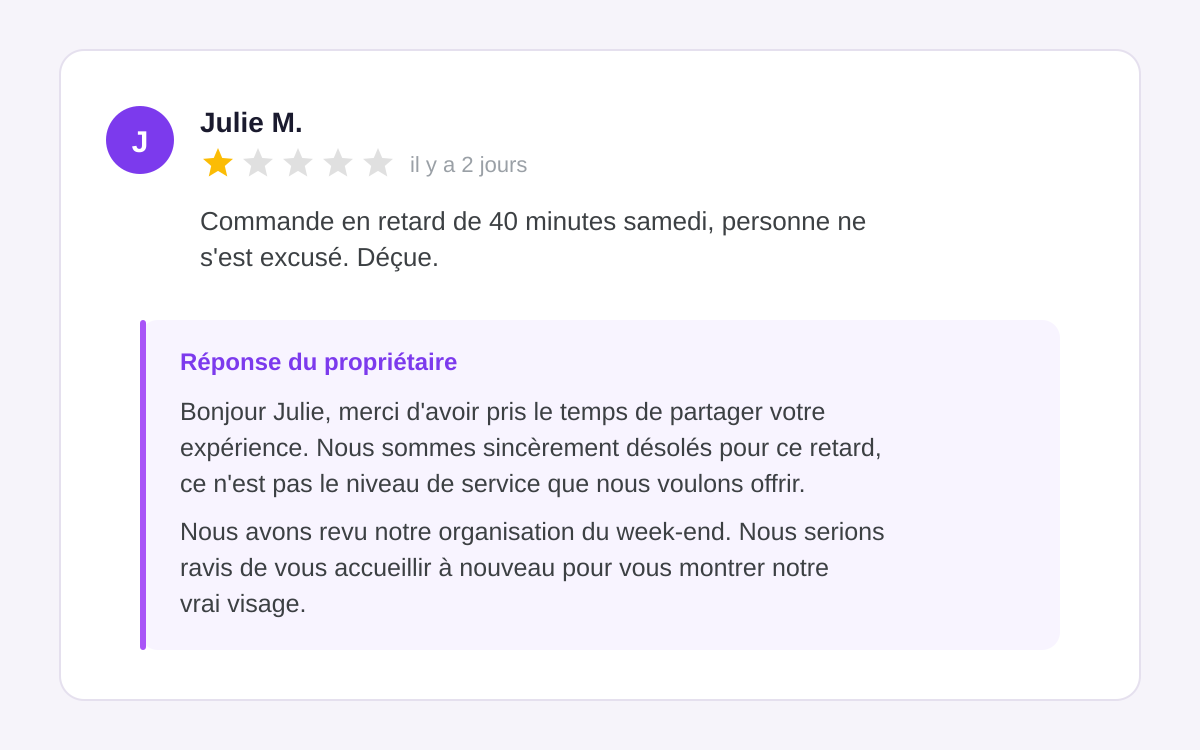 Exemple de réponse à un avis Google 1 étoile